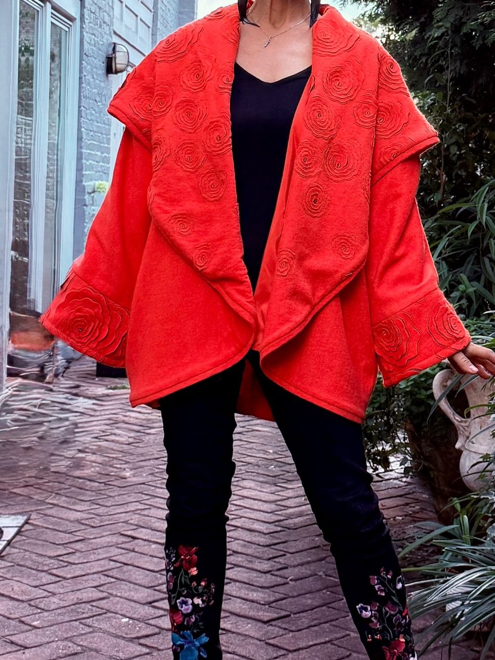 Catherine Bacon Wool Rosette Art To Wear Orange Silk Lagenlook Opera Coat S